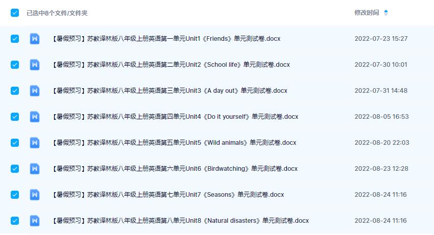 【暑假预习】苏教译林版八年级上册英语单元测试卷汇总
